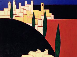 San Gimignano med får, 1999 (akryl på papir)