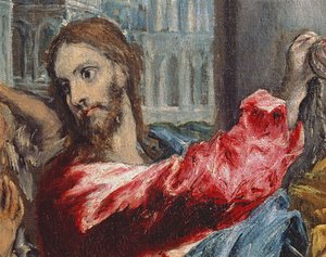 Kristus driver handlende fra templet, detalje af Kristus, c.1600 olie på lærred detalje fra 29580