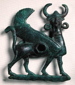 Hestebid i form af en vinget tyr med menneskehoved, fra Luristan, Iran (bronze)
