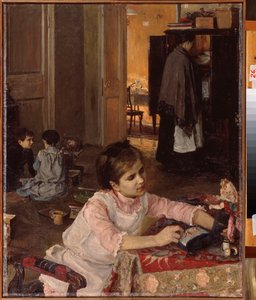 Barneværelse (Børn leger med deres legetøj, mens en stuepige ordner vasketøj i skabet) - Børneværelse - Maleri af Elena Dmitryevna Polenova (1850-1898), olie på lærred af Elena Polenova