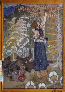 Un conte de fairy (La belle et la bete) - Et eventyr (Pigen og udyret) - Maleri af Elena Dmitryevna Polenova (1850-1898), olie på lærred af Elena Polenova