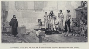 Den antikke græske kunstner Zeuxis vælger blandt de smukkeste kvinder i byen Crotone modellen til sit maleri af Helen af Troja (gravering)