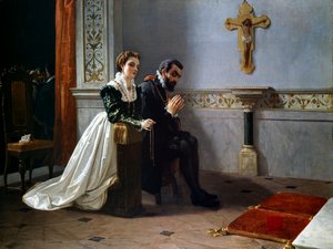 Bianca Cappello og Francois I de Medici (1541-1587) (Francesco Primo I de Medici) beder foran et krucifiks (olie på lærred)