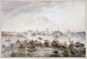 En udsigt over Stockholm fra Kungsholmen med det kongelige palads og Storkyrkan, Tyskakyrkan, Katarinakyrka og Riddarholmskyrkan,