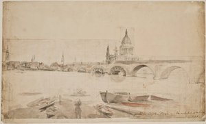 London Bridge og St. Paul set fra siden af Themsens bred af Elias Martin