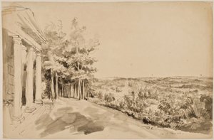 Udsigt over Bacchus-templet med det gotiske tempel i baggrunden i Painshill af Elias Martin