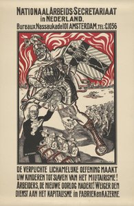 Plakat mod militarisme udgivet af National Workers Secretariat i Holland af Elias Smalhout