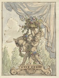 Tre putti med en blomsterkurv af Elias van Nijmegen