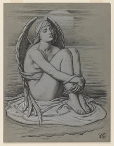 Bound Angel, 1891 (sort-hvidt kridt eller farveblyant på vævet papir) af Elihu Vedder