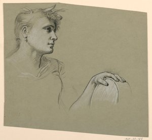 Tegning, kvindeprofil og studie af venstre hånd, ca. 1885 af Elihu Vedder
