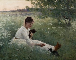 Ung pige med katte i et sommerlandskab - Pige med katte i et sommerlandskab - Elin Danielson-Gambogi (1861-1919). olie på lærred