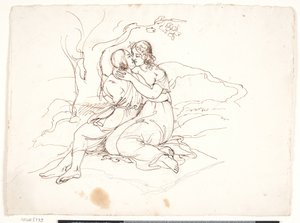 Et ungt par i omfavnelse i et landskab af Elisabeth Jerichau Baumann