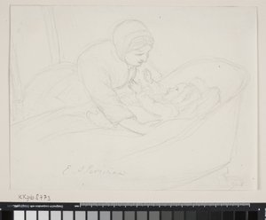 Moder løfter et barn op af vuggen af Elisabeth Jerichau Baumann