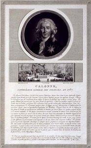 Calonne, generalkontrollør for finanser, i 1787, portræt indgraveret af Charles Levachez (fl.1760-1820), med en scene fra de notables forsamling af Jean Duplessis-Bertaux (1747-1819), ca. 1803 (gravering)