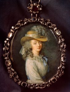 Portræt af Jeanne Becu, grevinde (eller madame) du Barry (1743-1793) Miniaturemaleri på elfenben tilskrevet Nicolas Lawreince (Le Jeune) (1737-1807) af Elisabeth Louise Vigee-Le Brun (1755-1842) Søn. 0,16x0,12 m.