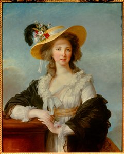 Portræt af Yolande Gabrielle Martine de Polastron, hertuginde af Polignac (1749-1793) med stråhattemaleriet af Marie Elisabeth Louise Vigee Le brun (eller Vigee-Lebrun eller Vigee Lebrun) (1755-1842) 1782 Søn. 0,92x0,73 m - Portræt af hertuginden - Portræt af Elisabeth Louise Vigee Lebrun