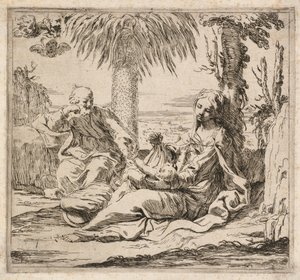 Hvil på flugten til Egypten. af Elisabetta Sirani