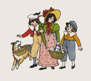 Børn går en tur (farve litho) af Elise H. Stewart