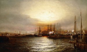 Solopgang fra Chapman Dock og Old Brooklyn Navy Yard, East River, New York af Elisha Taylor Baker