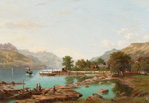 Landskab med bjerge ved Lago Maggiore (olie på lærred) af Eliza Agnetus Emilius Nijhoff