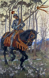 En ridder i rustning rejser gennem skoven, illustration fra 