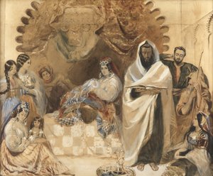 En Brit Milah i Tanger, 1838 (wc & kropsfarve på papir, belagt med farvet glas)
