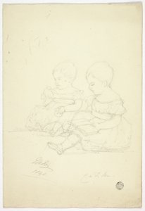 To siddende babypiger (recto), et stilleben og to dyr (verso) af Elizabeth Murray