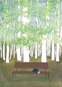Bench in the Forest, 2017 (akvarel og collage) af Elizabeth Rider