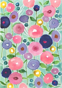 Poppies in Bloom på vandfarvet baggrund, 2018 (akvarel)