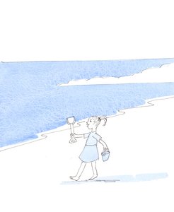 Et glad og lydigt barn på ferie har frihed til at gøre et eller andet godt på stranden, 2005 (akvarel på papir) af Elizabeth Wang