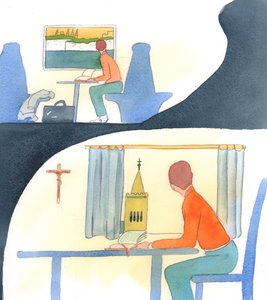En person, der tager et nyt land til sig og elsker det, finder ud af alt, hvad han kan, studerer dets historie, rejser til smukke steder og forsvarer det over for andre, 2005 (akvarel på papir). af Elizabeth Wang