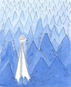 En ranger i et vagttårn bor i en oase af lys midt i et dystert, koldt, mørkt landskab, 2003 (w/c på papir) af Elizabeth Wang