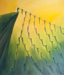 En enkelt bøn i Jesu navn hjælper den, vi beder for, og berører til gengæld mange andres liv, 2001 (olie om bord) af Elizabeth Wang