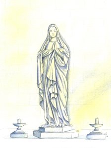 En statue af den hellige jomfru Maria, 2001 (w/c på papir) af Elizabeth Wang