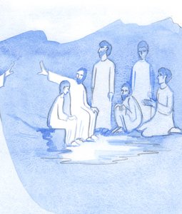 En sand discipel forbliver tæt på Kristus, lærer af ham og er sikker på Kristi kærlighed, selv når Kristus synes at være fjern, 2001 (w/c på papir) af Elizabeth Wang