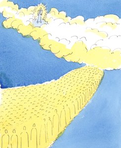 Alle de hellige i himlen ved, hvad folk lige tilbage til Moses har vidst, at Gud ønsker, at vi skal ære vores mor og far, 2004 (w/c på papir) af Elizabeth Wang