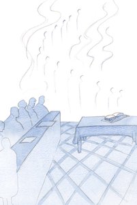 Engle gentog munkenes ydmyge sange, deres tilbedelse flettet ind i glæde og lyse bannere, 2000 (w/c på papir) af Elizabeth Wang