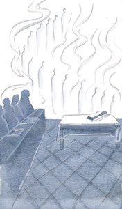 Engle gentog munkenes ydmyge sange, deres tilbedelse flettet ind i glæde og lyse bannere, 2000 (w/c på papir) af Elizabeth Wang