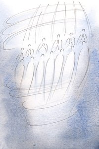 Engle omringede helligdommen og bad under himlens lys., 2001 (w/c på papir) af Elizabeth Wang