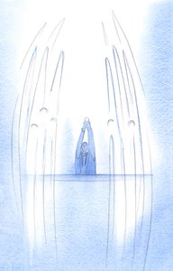 Engle omgiver Kristus, da han viser sig, skjult i værten, iblandt os; hver troshandling, vi tilbyder, trækker os tættere på himlen, 2002 (w/c på papir) af Elizabeth Wang