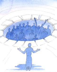Da jeg ofrede mine smerter i forening med Jesus, som bod for mine egne synder og for dem, der ikke gør bod, viste Herren mig, at vi ved vores bod giver enorm hjælp til mennesker, der er fanget i synd - som er som fanget under jorden, 2005 (akvarel på papir af Elizabeth Wang