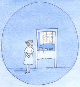 Som en kærlig far øger sit barns glæde, før en fest, ved at bede hende vente, med bind for øjnene, mens forberedelserne gøres, så kan Gud skjule glæderne forude, til vores bedste, 2003 (w/c på papir) af Elizabeth Wang