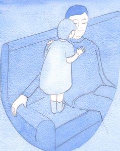 Som en jordisk far løfter sit lille barn op til ærlig snak og ømme omfavnelser, sådan fryder Gud sig over os i fordybelsens bøn, 2002 (w/c på papir) af Elizabeth Wang