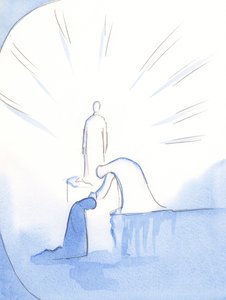 Som om hun bøjede sig fra en sokkel, rakte Vor Frue ud og strøg mig over hovedet. Hun glæder sig over dem, der taler med glæde om hende til andre, 2002 (w/c på papir) af Elizabeth Wang