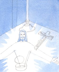 Så snart pyxen blev åbnet, og jeg forgudede Jesus, virkelig til stede i den hellige vært, blev jeg vist det glædelige syn af Jesus selv, der rakte sine arme ud for at hilse på mig., 2004 (w/c på papir) af Elizabeth Wang