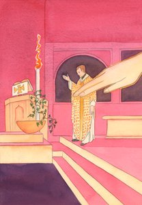 Da præsten rakte hånden ud for at velsigne vandet i fonten, rakte Gud Fader i påsken sin hånd ud og rørte ved vandet, 2002 (w/c på papir) af Elizabeth Wang