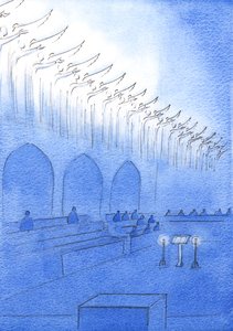 Da vi bad de hellige om at bede for os i liturgien, så jeg de hellige i herlighed med deres hænder ude, mens de gik i forbøn for os, der bad nedenfor, 2003 (w/c på papir) af Elizabeth Wang