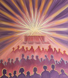 Ved messen omslutter Faderens guddommelige kærlighed Jesus i en hvid offerild, 2000 (olie om bord) af Elizabeth Wang