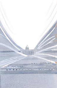 Ved messen frembringes ofringen af Kristus, i lys og pragt, midt i hans tavse og usynlige selskab., 2001 (w/c på papir) af Elizabeth Wang