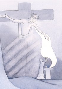 Ved hver messe udgydes Kristi dyrebare blod fra korset, til vores frelse fra synd, 2000 (w/c på papir) af Elizabeth Wang